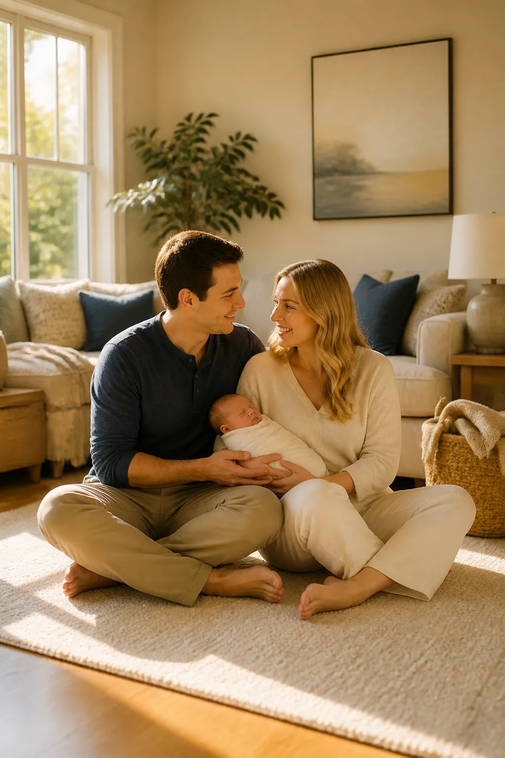 Parents with their newborn baby planning their child's financial future